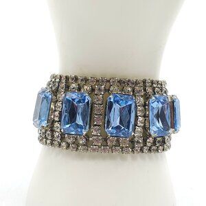 Vintage Rhinestone Bracelet With Large Blue Rectangular Stones Safety Chain